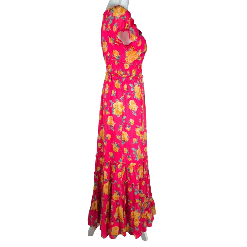 NEW Betsey Johnson Reddish Pink Color with Yellow Rose Print Maxi Dress size L - Picture 5 of 14